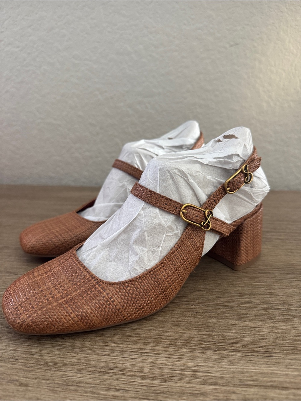 Woven Mary Jane Block Heel in Brown